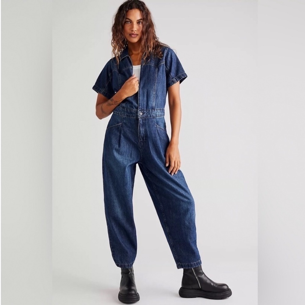 Free People Dark Blue Denim Short-Sleeve Jumpsuit